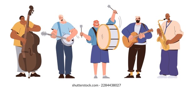 Straßenkünstler Cartoon-Figuren Konzert. Musikkünstlerband-Performance. Diverse multiethnische Gruppen, die Melodie auf Banjo, Doppelbass, Trommel, Gitarre und Saxophon spielen, Vektorgrafik