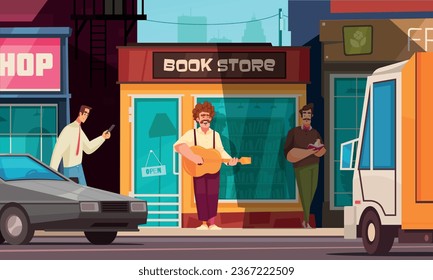 Street musicians cartoon concept with man playing guitar outdoors vector illustration