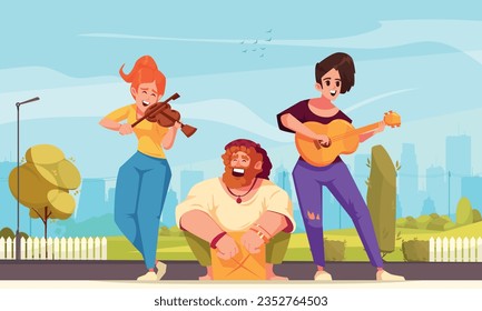 Street musicians cartoon poster with happy gang playing strings outdoors vector illustration