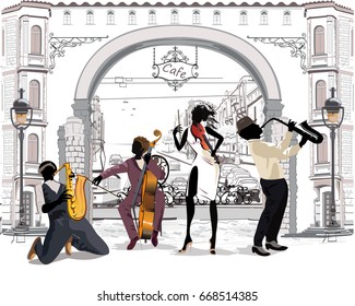 Street musicians in the city. Jazz band. Hand drawn vector illustration with retro buildings.