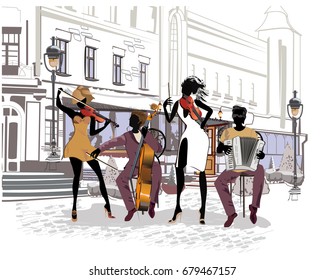 Street musicians in the city. Jazz band. Hand drawn vector illustration with retro buildings.