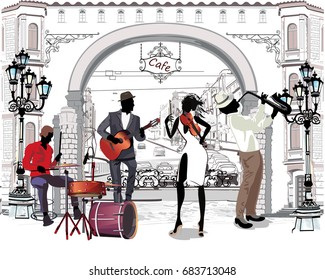 Street musicians in the city. Jazz band. Hand drawn vector illustration with retro buildings.