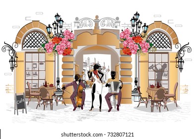 Street musicians in the city. Jazz band. Hand drawn vector illustration with retro buildings.