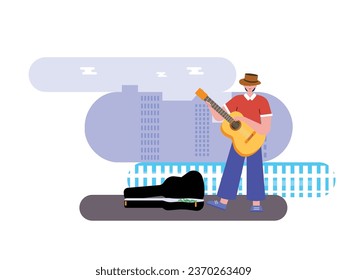 Street musicians in the city with men wearing hats and guitars singing, urban life every day. Character design. Vector flat illustration