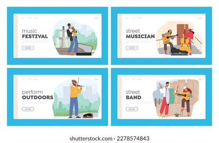 Street Musicians Landing Page Template Set. People Playing Guitar and Saxophone, Double Bass, Drum and Violin. Band Play Music Concert, Live Musical Performance, Festival. Cartoon Vector Illustration