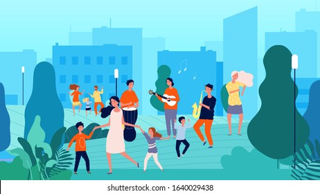 Street musicians. Musical fest, family dancing. Parents and children having fun with music vector illustration