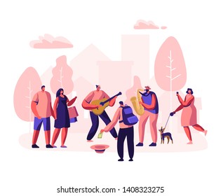 Street Musicians Perform Outdoor Show. Guitarist and Saxophonist Playing Music in Park, People Watching Concert, Put Money in Hat, Photographing Musical Performance. Cartoon Flat Vector Illustration