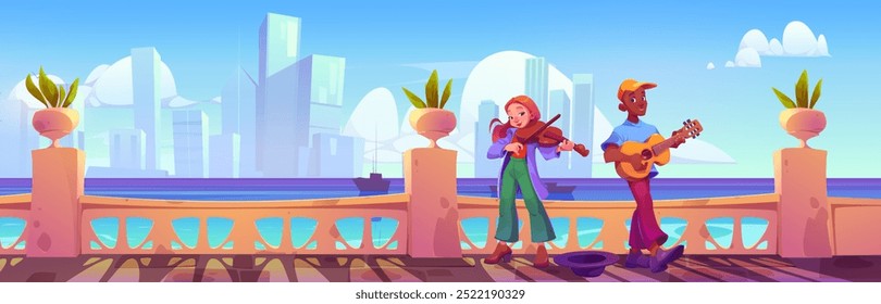 Street musicians performing on city embankment. Vector cartoon illustration of young woman and man playing violin and guitar near balustrade on river bank, modern cityscape view, clouds in blue sky
