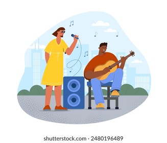 Street musicians performs. Man with guitar and woman with microphone outdoors. Talented singer and guitarist performance and show. Cartoon flat vector illustration isolated on white background