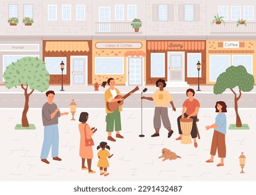 Street musicians play on square in city. Crowd of young people, child and dog are listening to music and having fun. Street lifestyle. Vector illustration. Cafe and windows on background.