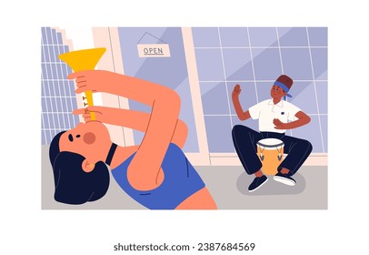 Street musicians play wind instrument, african drum. Artist perform on brazilian djembe, drummer with goblet jembe. Girl blowing in horn, trumpet. Outdoor music performance. Flat vector illustration