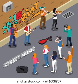 Street musicians playing on instruments on background of wall with graffiti, spectators on walkway isometric vector illustration