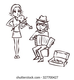 Street musicians playing the violin and the accordion. Hand drawn cartoon vector illustration.