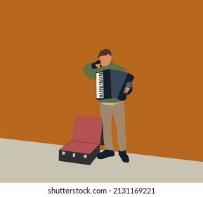 Street musicians plays the accordion and earns money on street. Musician accordion man duet vector Illustration.