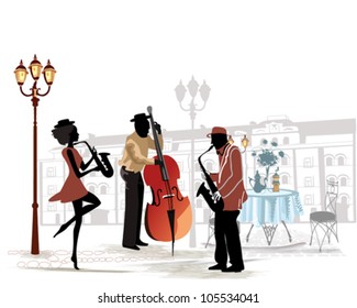 Street musicians with a saxophone and contrabass on the background of a street cafe