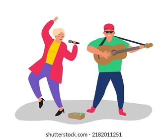 street musicians singing woman and man playing guitar vector illustration