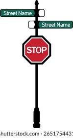Street name signpost with red STOP sign in editable vector style. Urban street signage element for map design, cityscape, navigation UI, or road safety infographics.