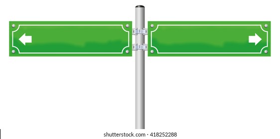 Street Name Signs - Green, Blank, With Two Arrows Showing In Opposite Directions. Isolated Vector Illustration On White Background.