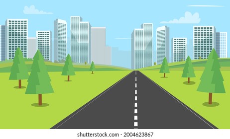 Street nature landscape with modern city backgroud vector illustration.Urban town cityscape and nature road.Nature path to downtown