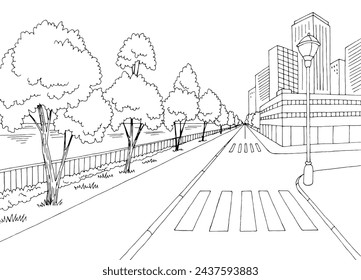 Street near river graphic black white cityscape skyline sketch illustration vector