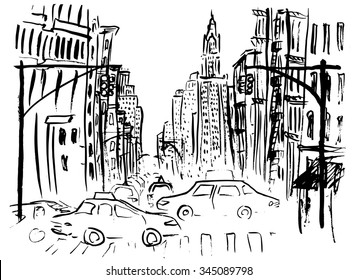 Street of New York with cars and skyscraper. Ink hand drawn outline sketch isolated on white