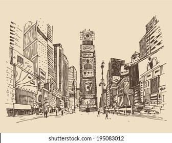 Street In New York City Engraving  Vector Illustration, Hand Drawn