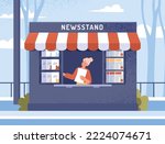 Street newsstand concept. Owner of small business, female seller offers newspapers to buyers. Information and knowledge, mass media. Poster or banner for website. Cartoon flat vector illustration