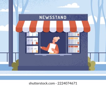 Street newsstand concept. Owner of small business, female seller offers newspapers to buyers. Information and knowledge, mass media. Poster or banner for website. Cartoon flat vector illustration