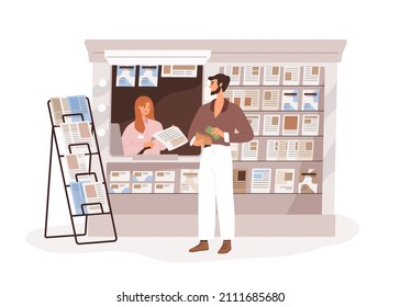 Street newsstand with latest press, daily newspapers. Customer buying paper in outdoor kiosk, news stand. Vendor selling at stall, newsagent. Flat vector illustration isolated on white background