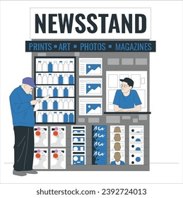 Street newsstand with latest press, daily newspapers. Customer buying paper in outdoor kiosk, news stand. Vendor selling at stall, newsagent. Flat vector illustration isolated on white background 2484