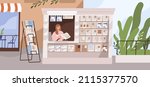 Street newsstand with paper newspapers, latest press. Seller in news stand, kiosk. Woman vendor behind stall in mass media booth with magazines. Newsagent in city. Flat vector illustration