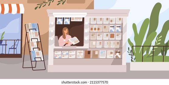 Street newsstand with paper newspapers, latest press. Seller in news stand, kiosk. Woman vendor behind stall in mass media booth with magazines. Newsagent in city. Flat vector illustration