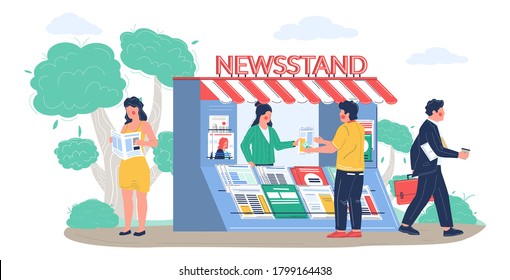 Street Newsstand With Saleswoman Selling Newspapers And Magazines, Man Buying And Woman Reading Fresh News, Press Or Journal, Vector Flat Illustration. Newspaper Stand Kiosk Concept.