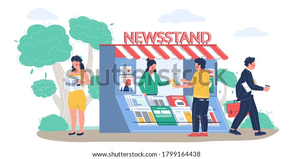 Street\
newsstand with saleswoman selling newspapers and magazines, man\
buying and woman reading fresh news, press or journal, vector flat\
illustration. Newspaper stand kiosk\
concept.