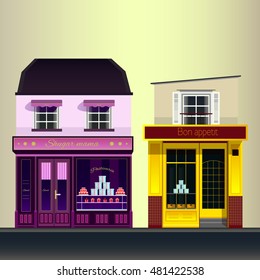 Street with nice shop illustration - pasti??eria building, bakery facade