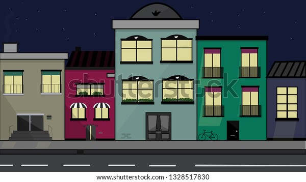 Street at\
night. Windows and doors bicycle.\
Vector