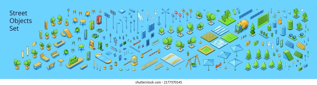 Street objects set with isometric trees, road signs, traffic lights, hotel and restaurant signboards. Vector illustration of park and cafe objects, lanterns, vending machines, sweeper and solar panels