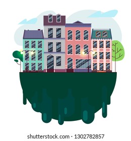  Street with old buildings, urban landscape illustration. Vector flat Illustration 