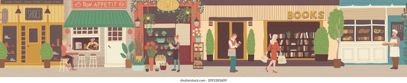 Street Of Old City With Busy Shops, Cafes And People Doing Shopping And Drinking Coffee, Flat Vector Illustration. Cityscape With Bookstore, Flower Shop, Bakery And Shoes. Town Buildings Exterior.