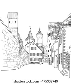 Street In Old City. Cityscape - Houses, Buildings And Tree On Alleyway. Old City View. Medieval European Castle Landscape. Engraving Vector Sketch