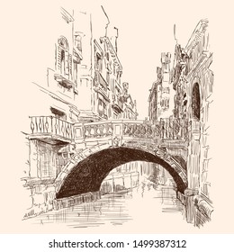 Street of the old city of Venice. Ancient buildings, water canal and stone bridge. Pencil sketch.