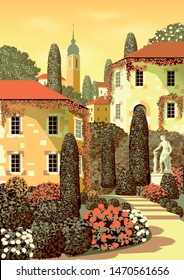 Street of an old european city with flower beds, statues, trees and bell tower in the background. Handmade drawing vector illustration. Retro poster. Can be used for books, illustrations.