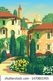 Street of an old european city with flower beds, statues, trees and bell tower in the background. Handmade drawing vector illustration. Retro poster. Can be used for books, illustrations.