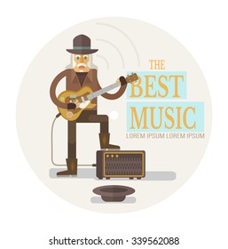 Street old rock musician playing guitar. Vector flat illustration