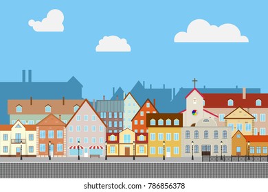 Street old town with old houses. Ancient pavement. Urban city. Flat design, vector illustration, vector.