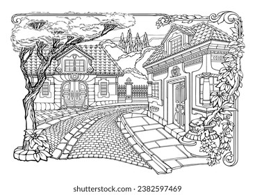 Street in the old town. The houses with tiled roofs, the stone pavement, and plants. Detailed coloring page for adults. Black line on a white background. Freehand style. Outline vector illustration.