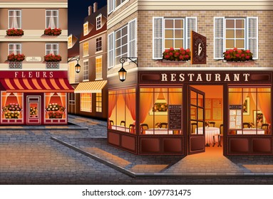 Street in the old town of Paris in the style of the early 20th century. Handmade drawing vector illustration. All items - easily scalable separate objects.