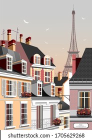 Street In The Old Town Of Paris In The Style Of The Early 20th Century. Handmade Drawing Vector Illustration. Retro Style Poster.