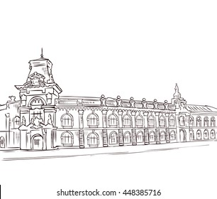 Street of the old town. Traditional buildings. Hand drawn vector illustration.