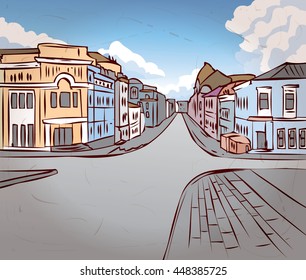 Street of the old town. Traditional buildings. Hand drawn vector illustration.